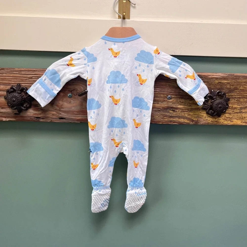 KicKee Pants‎ Newborn Footie Sleeper Bamboo Duck Rain Cloud Print Blue White NB